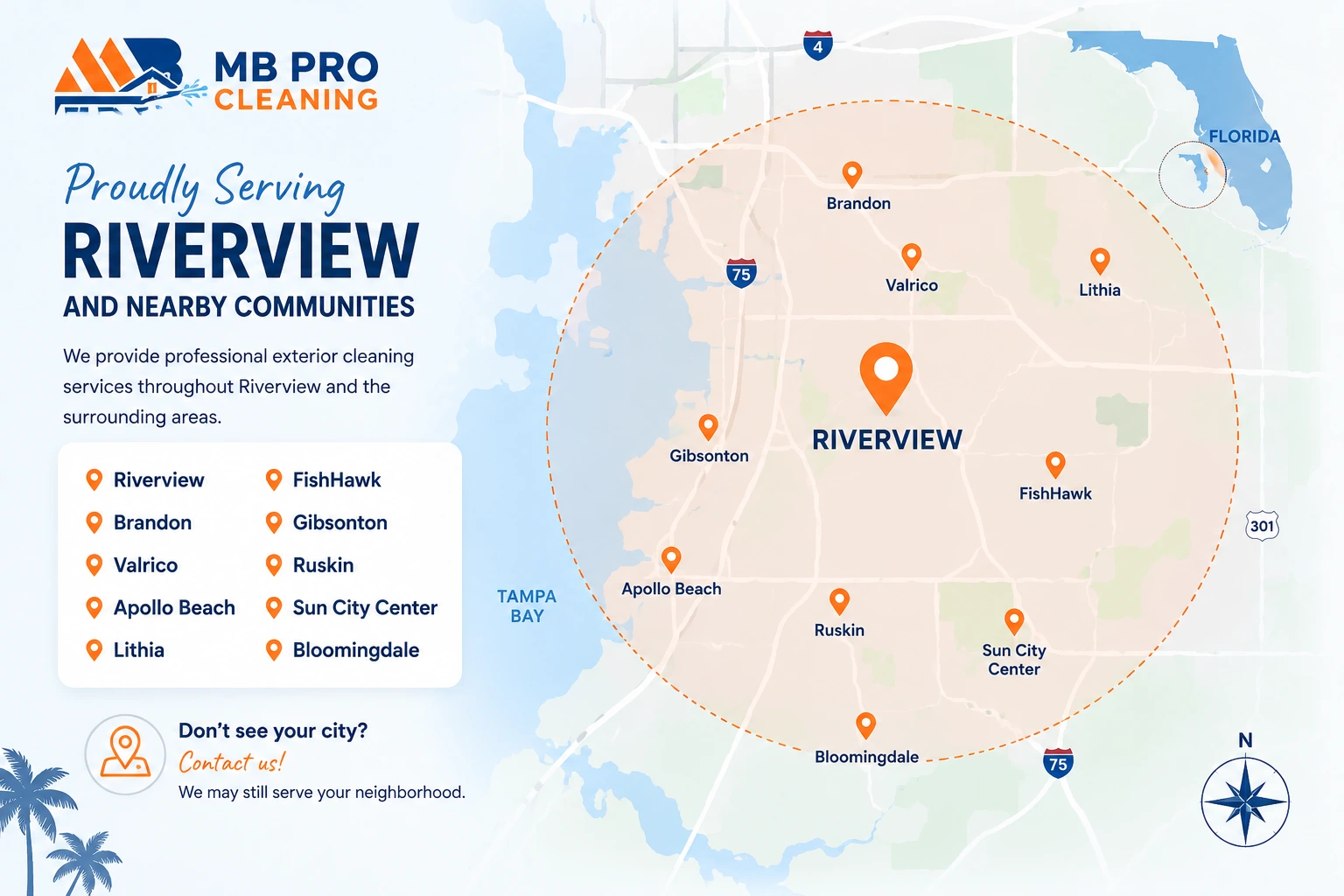 Illustrated service area map showing Riverview and nearby Florida communities served by MB Pro Cleaning.