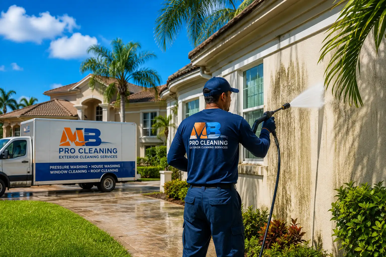 MB Pro Cleaning technician pressure washing a Florida residential home exterior with professional equipment
