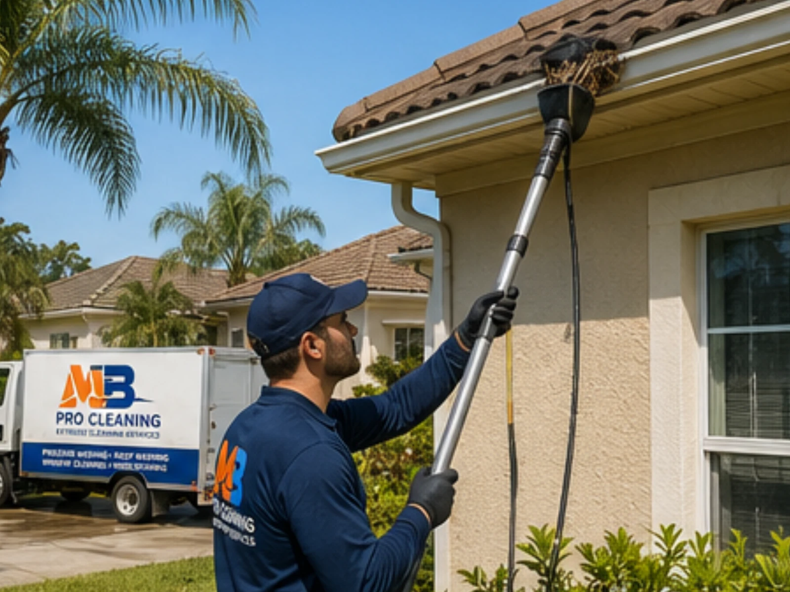 Professional gutter cleaning removing debris and ensuring proper drainage