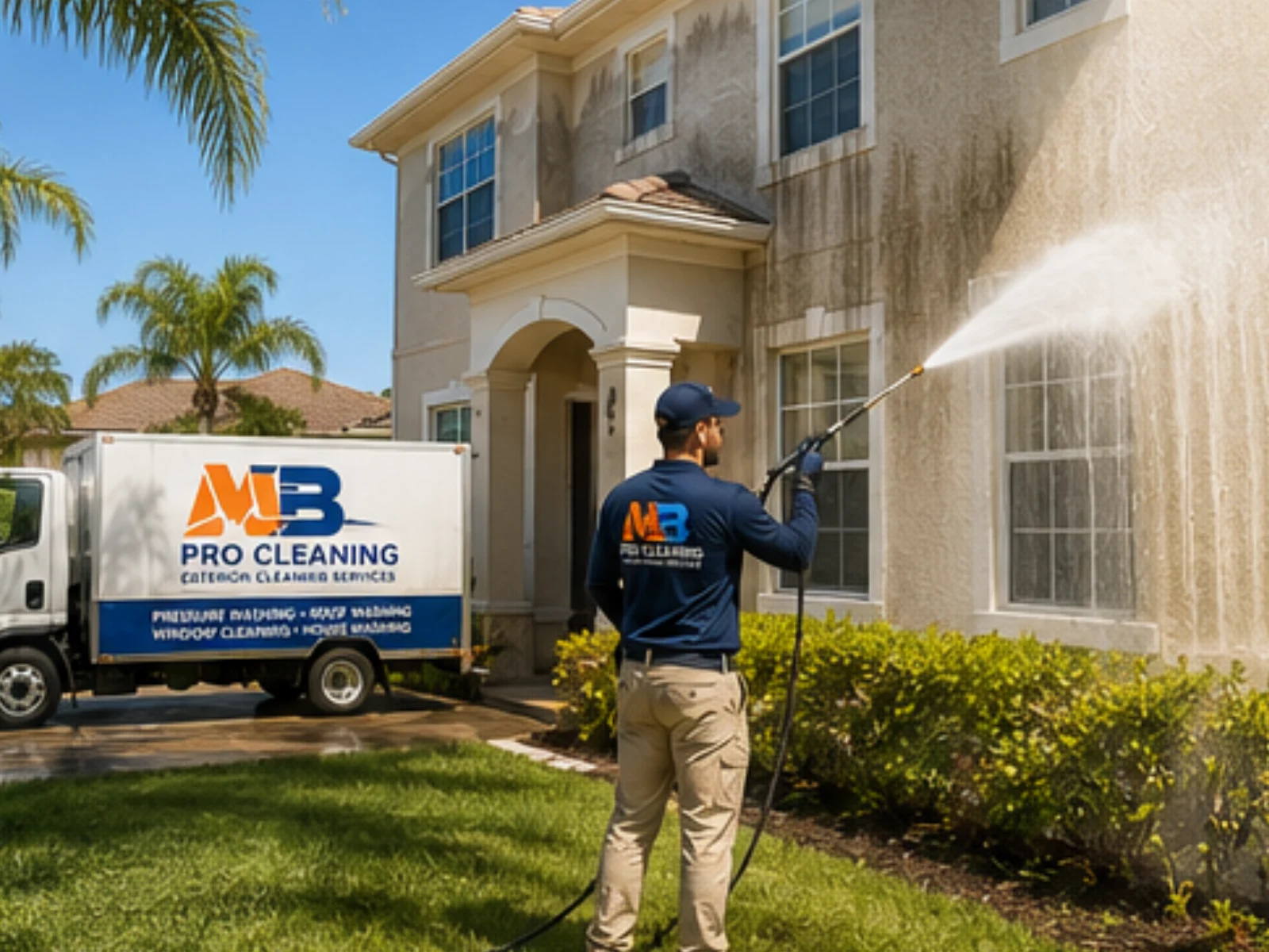 Professional house washing service removing dirt and mildew from a Florida home exterior