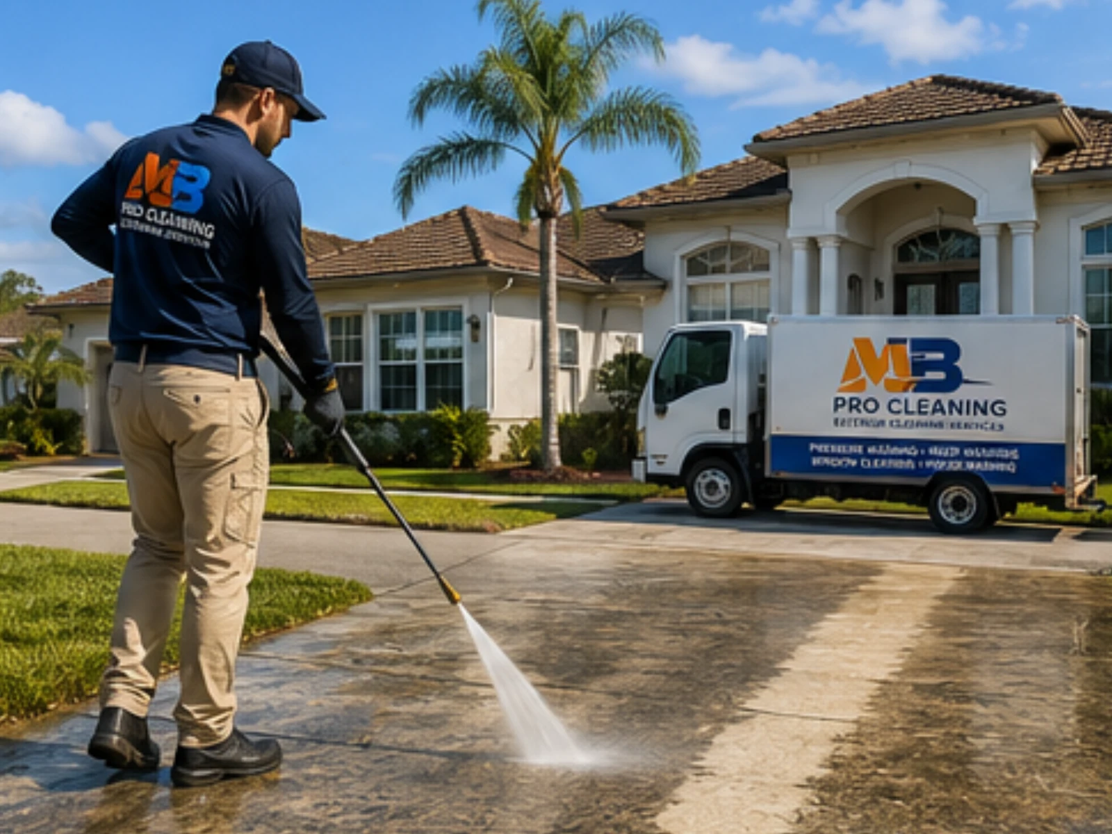 High-pressure washing cleaning a concrete surface with powerful water stream