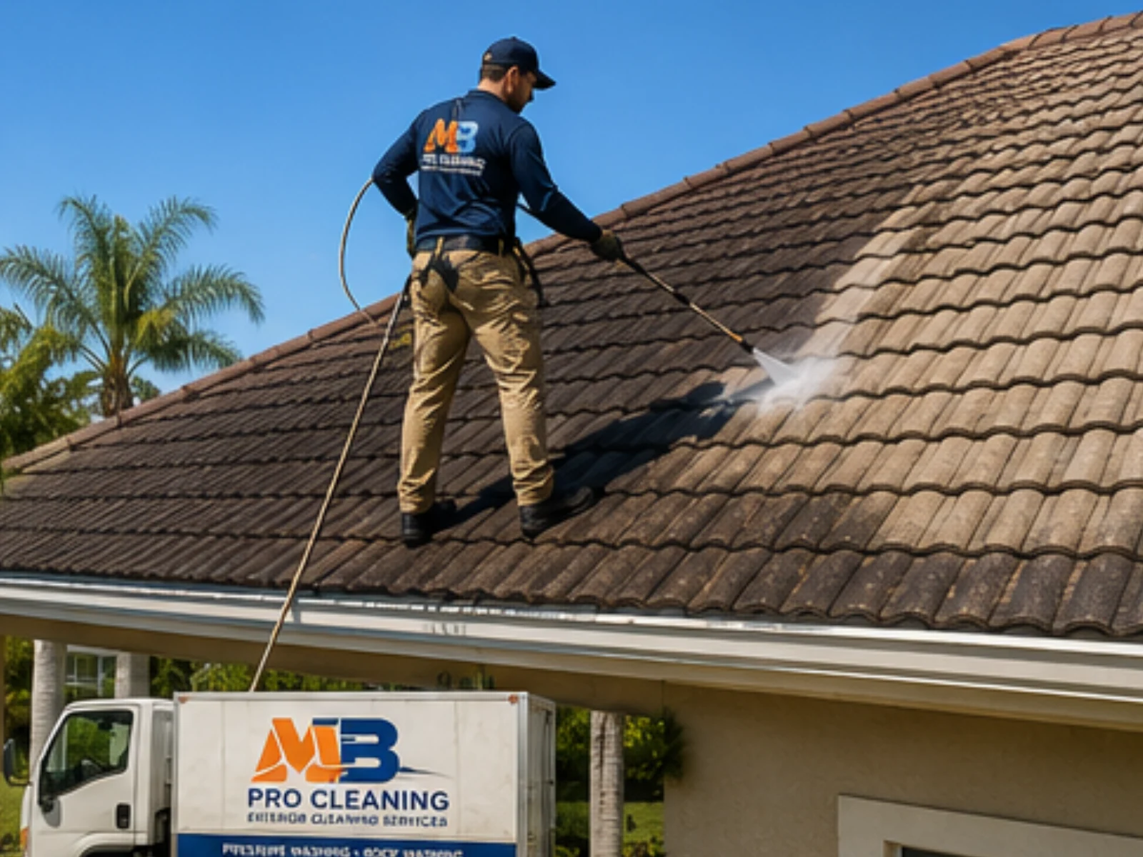 Professional roof cleaning removing black streaks and algae from residential roof tiles