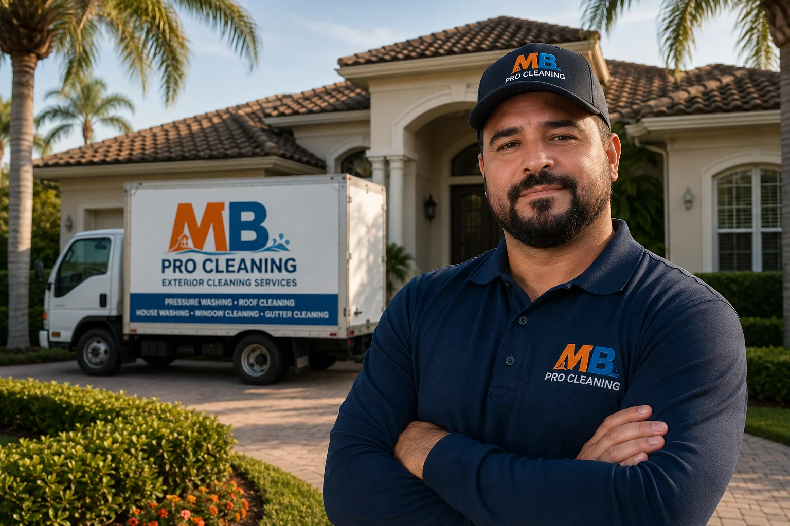 Professional MB Pro Cleaning technician pressure washing a residential exterior in Florida, ensuring premium customer satisfaction